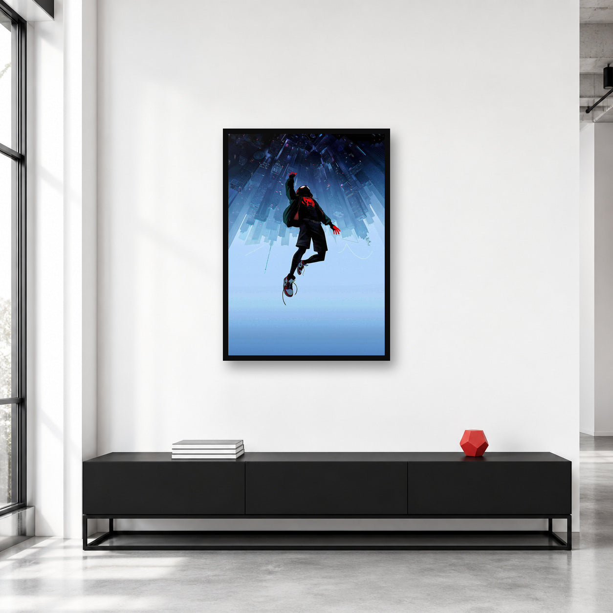 Miles Morales Upside Down City Wall Art shown in a collector studio