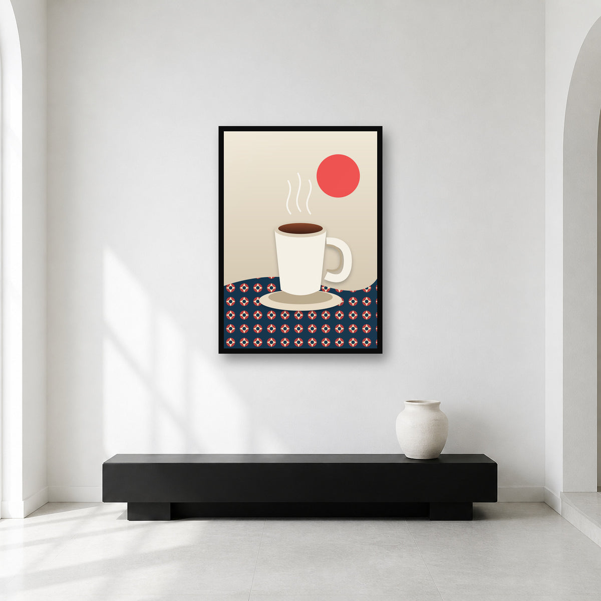 Pakistani chai and Ajrak wall art styled in a minimal gallery