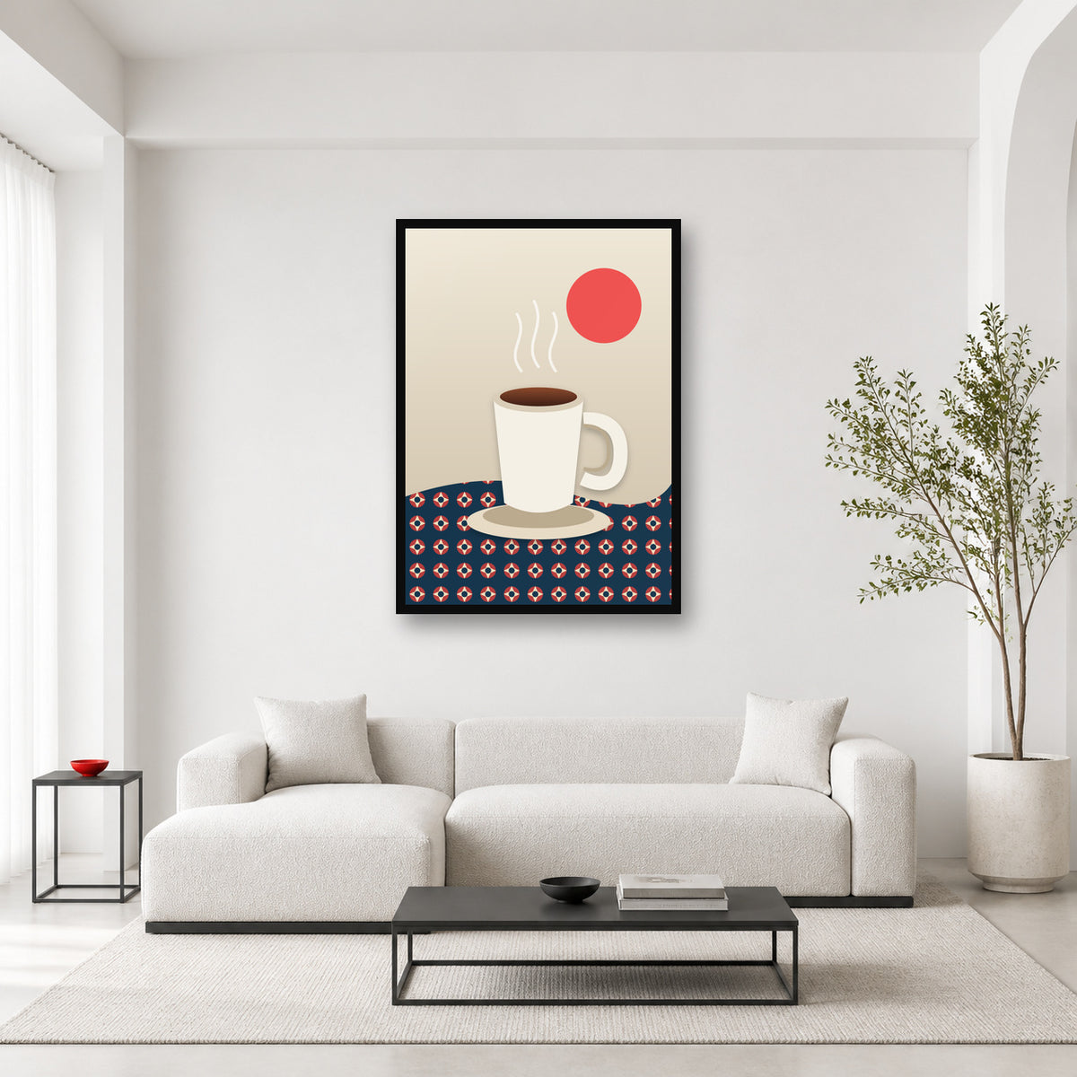 Pakistani chai and Ajrak wall art styled in a bright editorial room