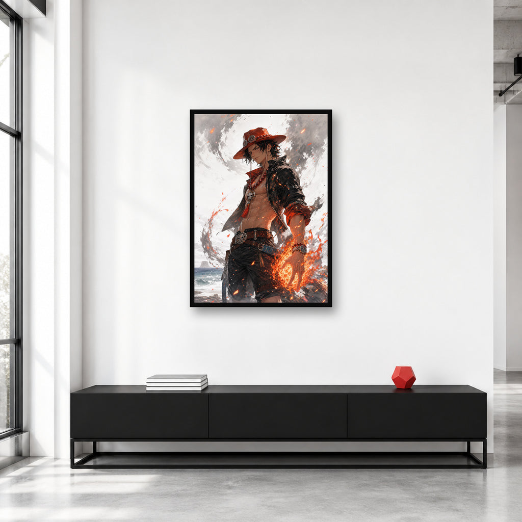 Portgas D. Ace One Piece wall art in a bright collector studio