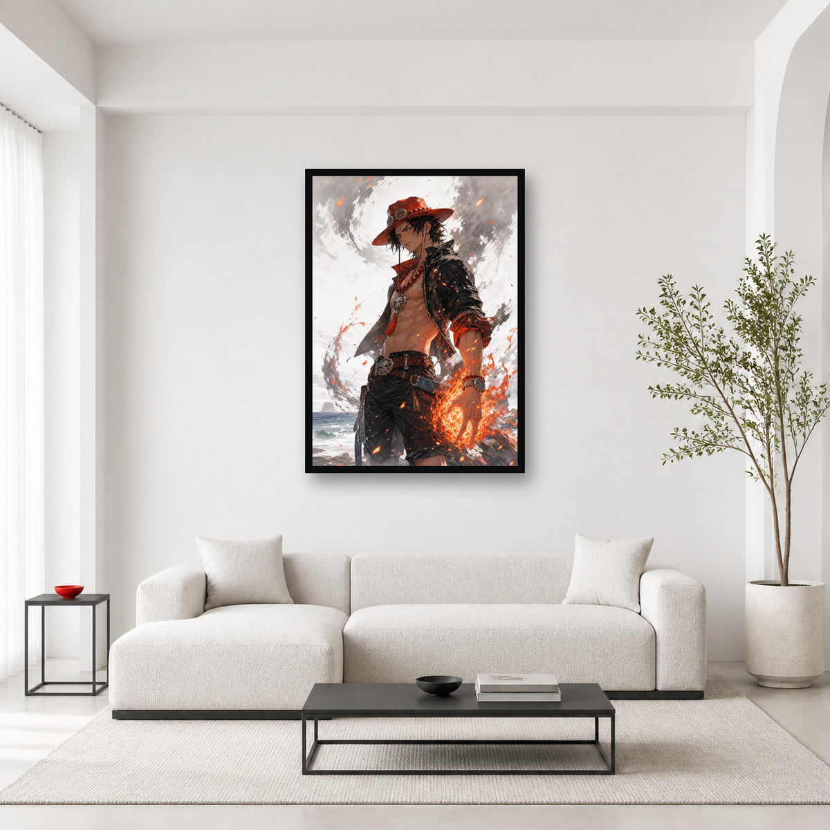 Portgas D. Ace One Piece wall art in a light editorial interior