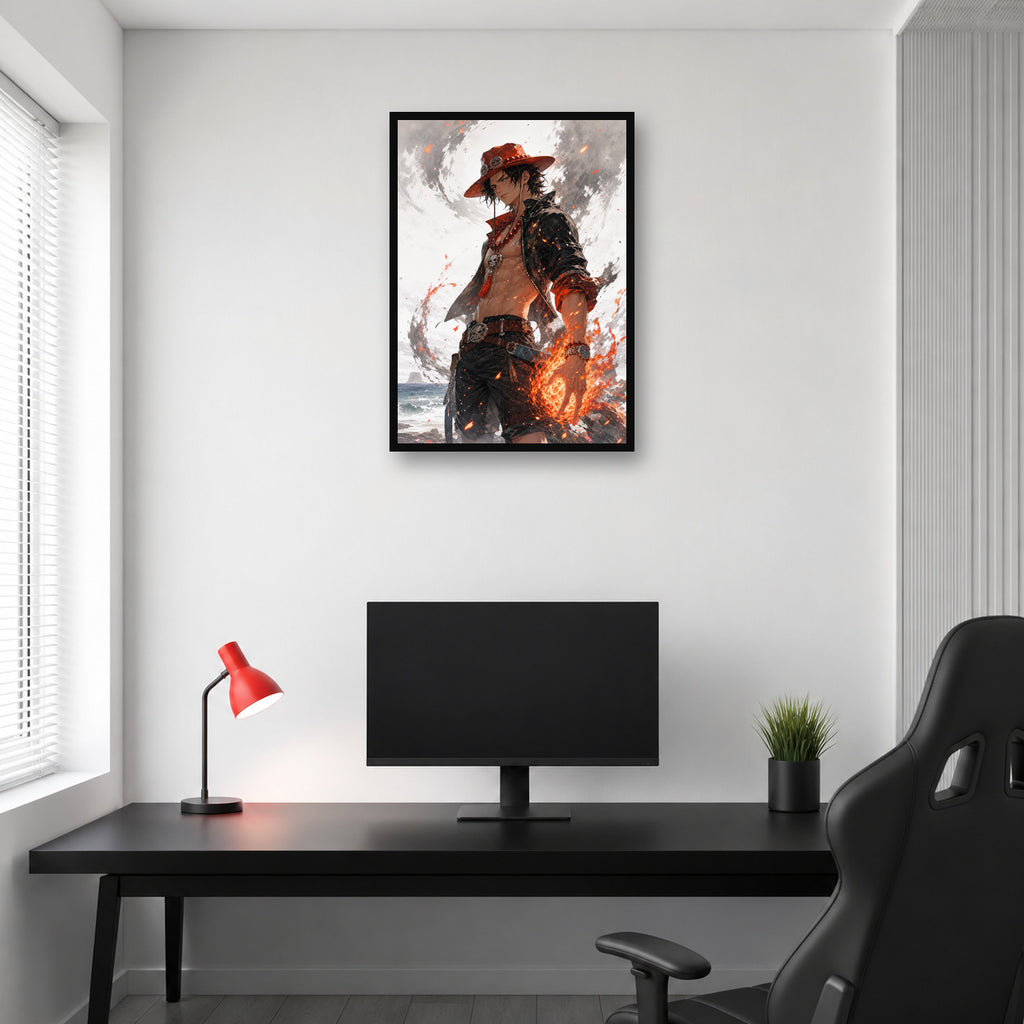 Portgas D. Ace One Piece wall art in a bright gaming room