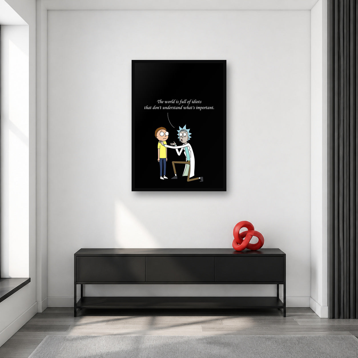 Rick and Morty World Is Full of Idiots Quote Wall Art shown in an artwork-directed room