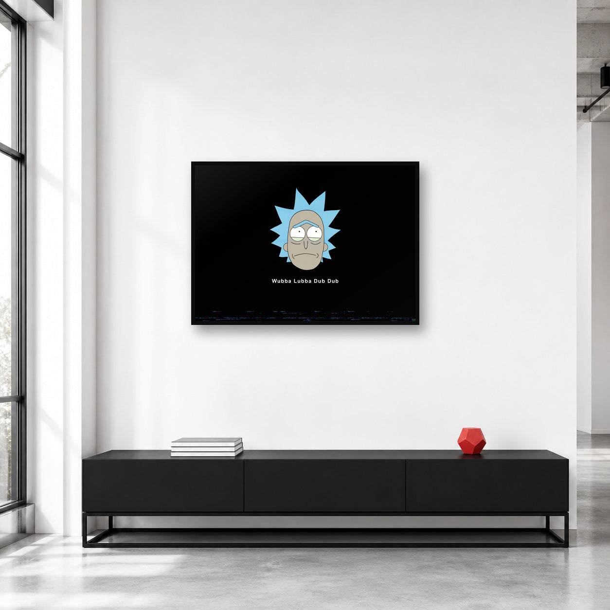 Wubba Lubba Dub Dub Rick and Morty Wall Art shown in a collector studio