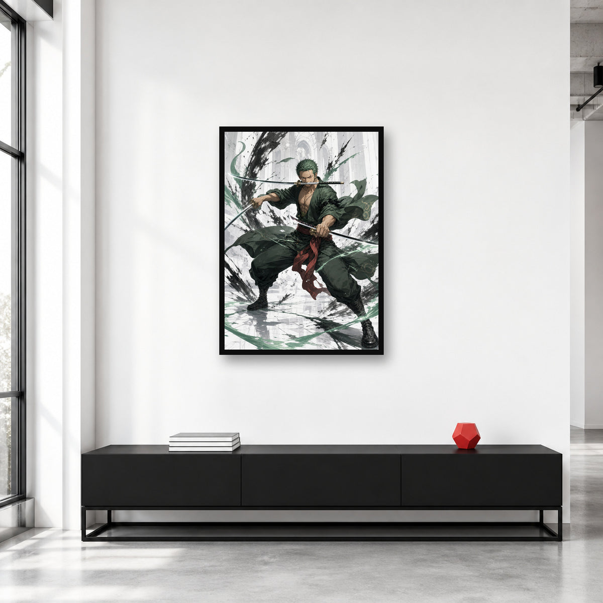 Roronoa Zoro One Piece wall art in a bright collector studio