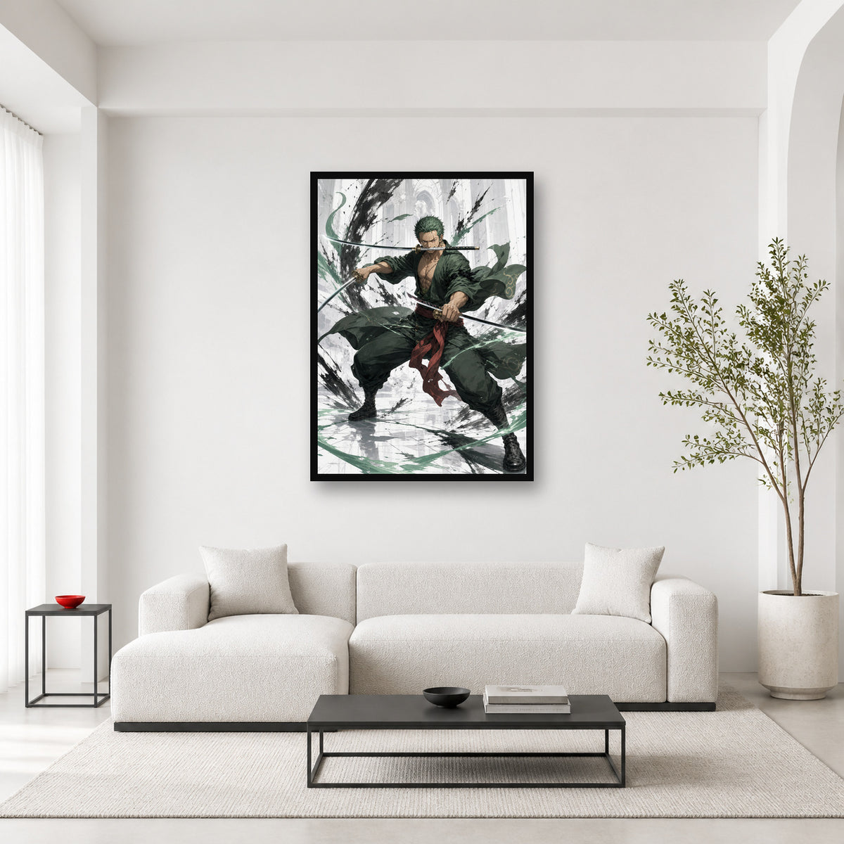 Roronoa Zoro One Piece wall art in a light editorial interior