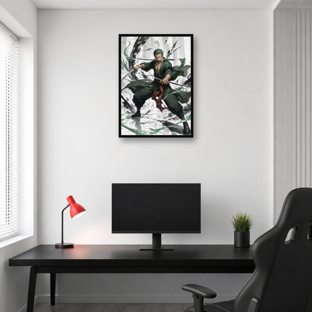 Roronoa Zoro One Piece wall art in a bright gaming room