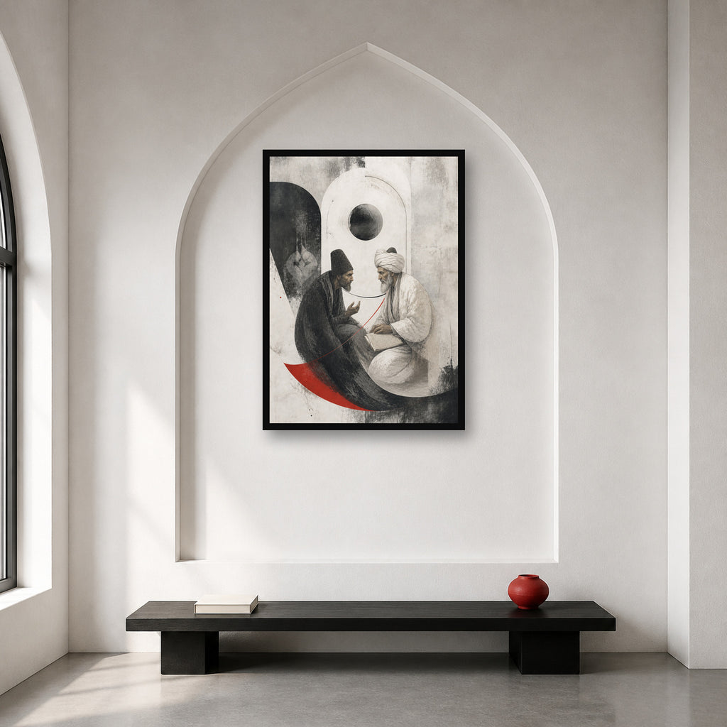 Rumi and Shams Sufi wall art shown in an artwork-directed room