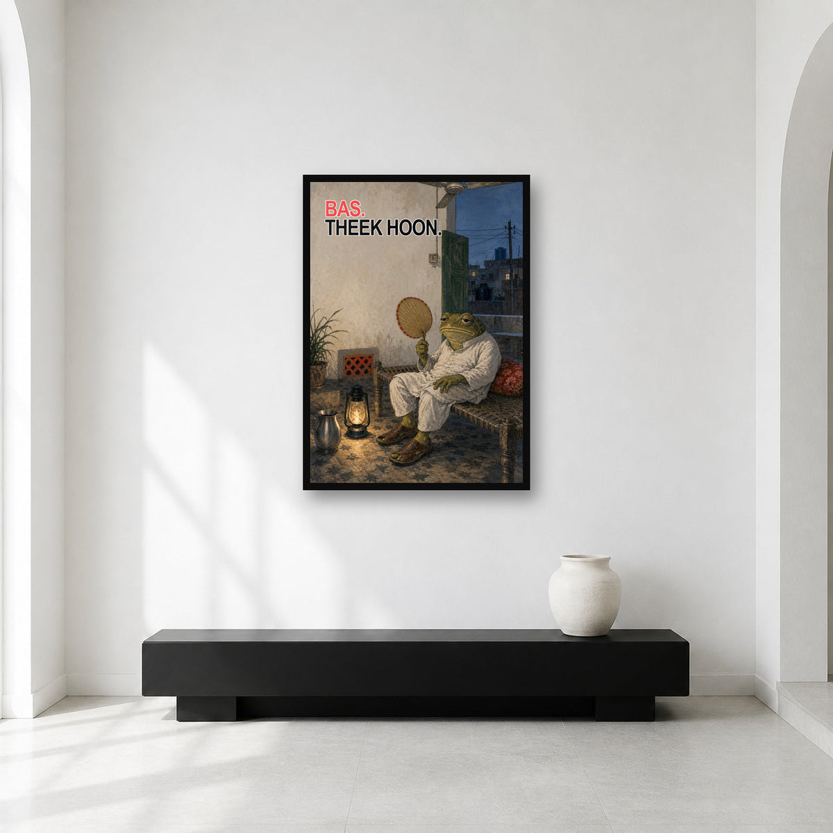 Bas Theek Hoon Sad Pakistani Frog Wall Art framed in a bright gallery
