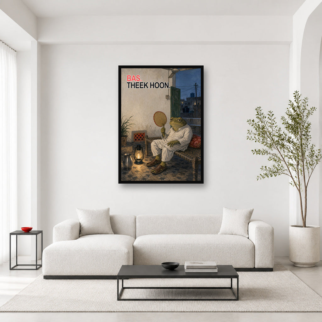 Bas Theek Hoon Sad Pakistani Frog Wall Art framed in a category-appropriate room