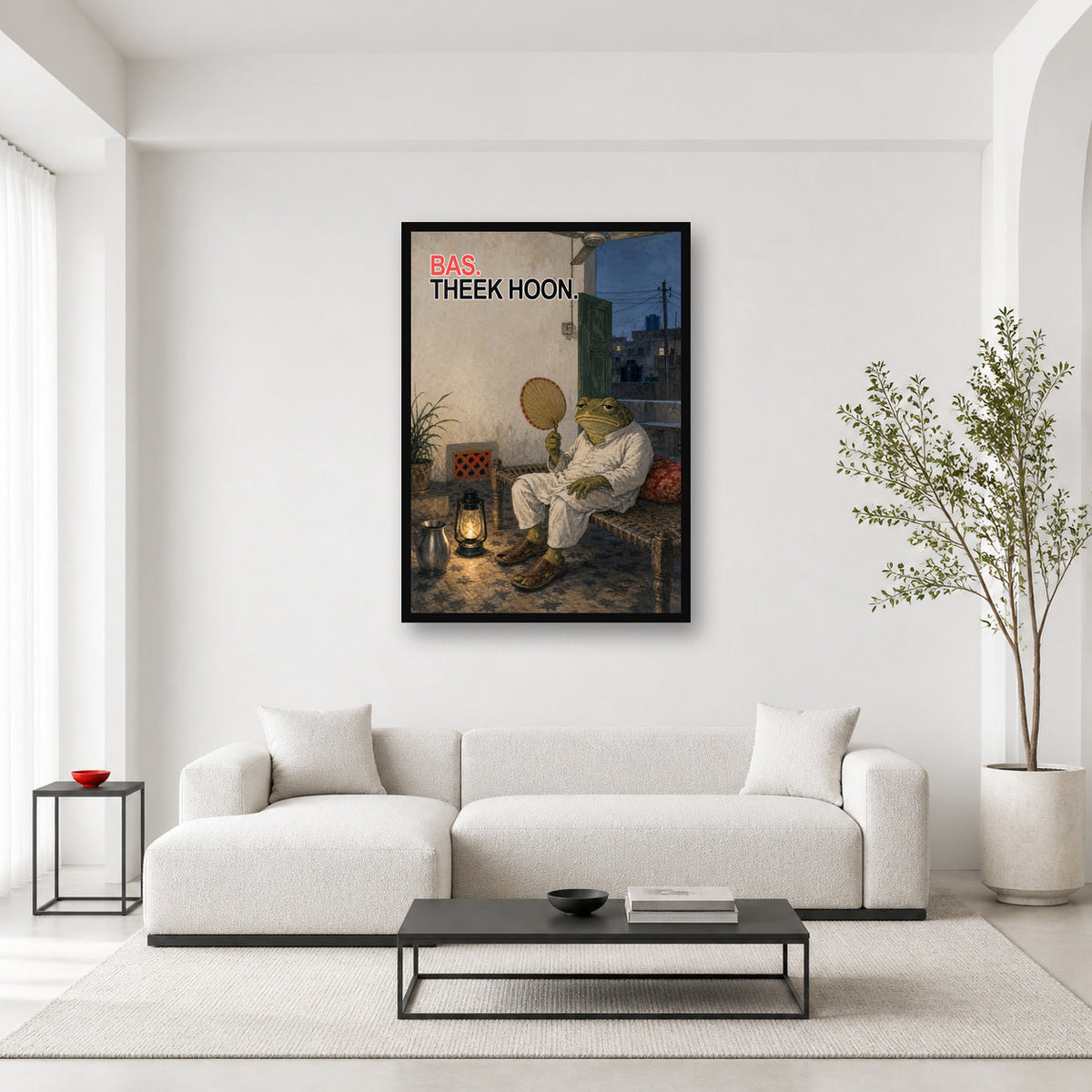 Bas Theek Hoon Sad Pakistani Frog Wall Art framed in a category-appropriate room