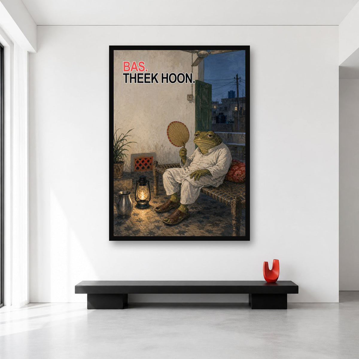 Bas Theek Hoon Sad Pakistani Frog Wall Art XL A0 size reference in a minimal room