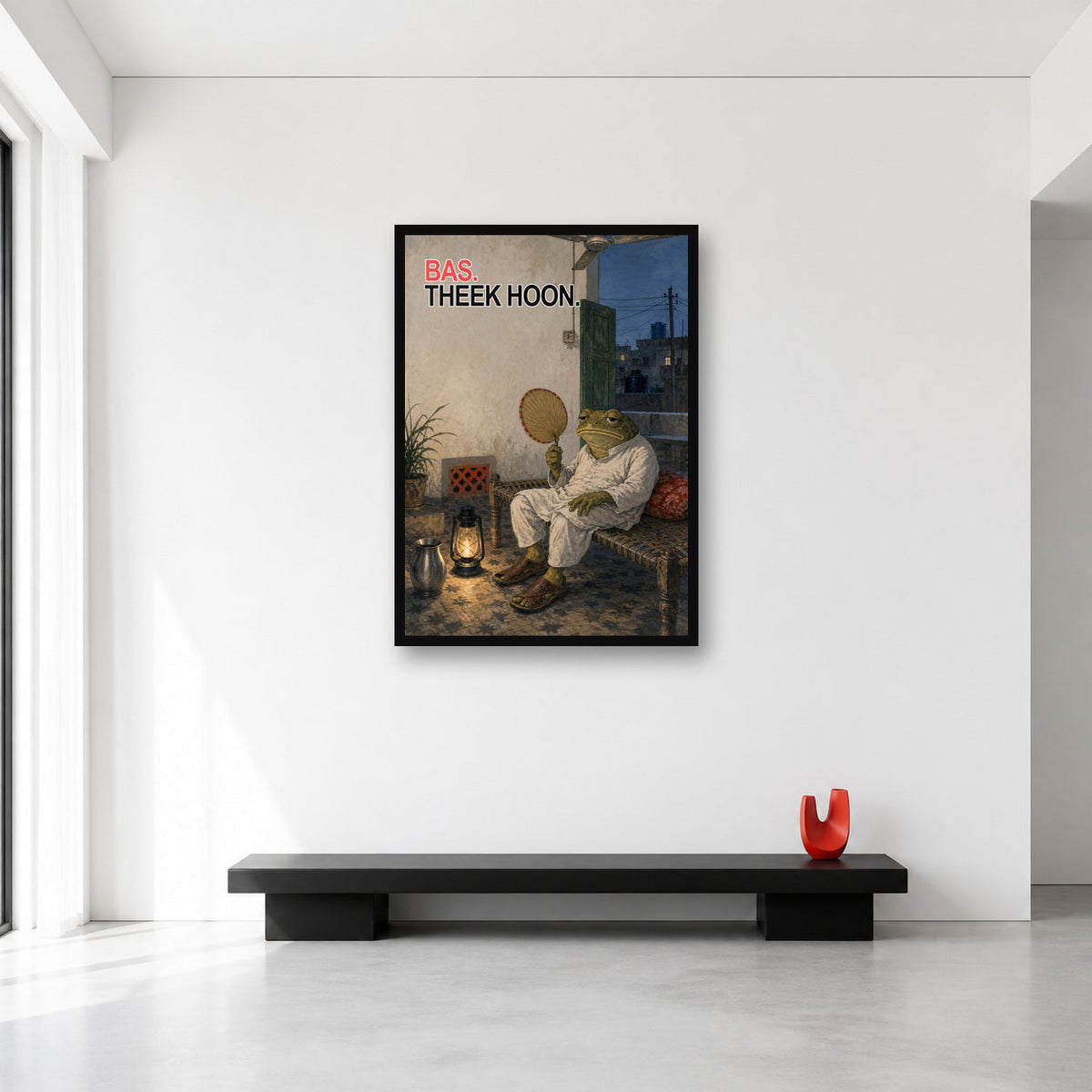 Bas Theek Hoon Sad Pakistani Frog Wall Art Large A1 size reference in a minimal room
