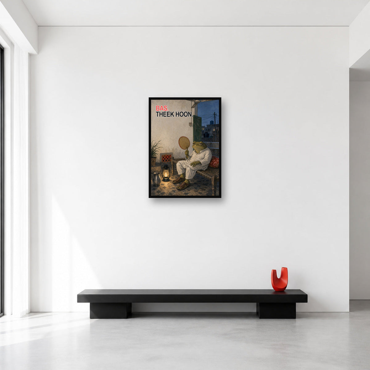 Bas Theek Hoon Sad Pakistani Frog Wall Art Medium A2 size reference in a minimal room