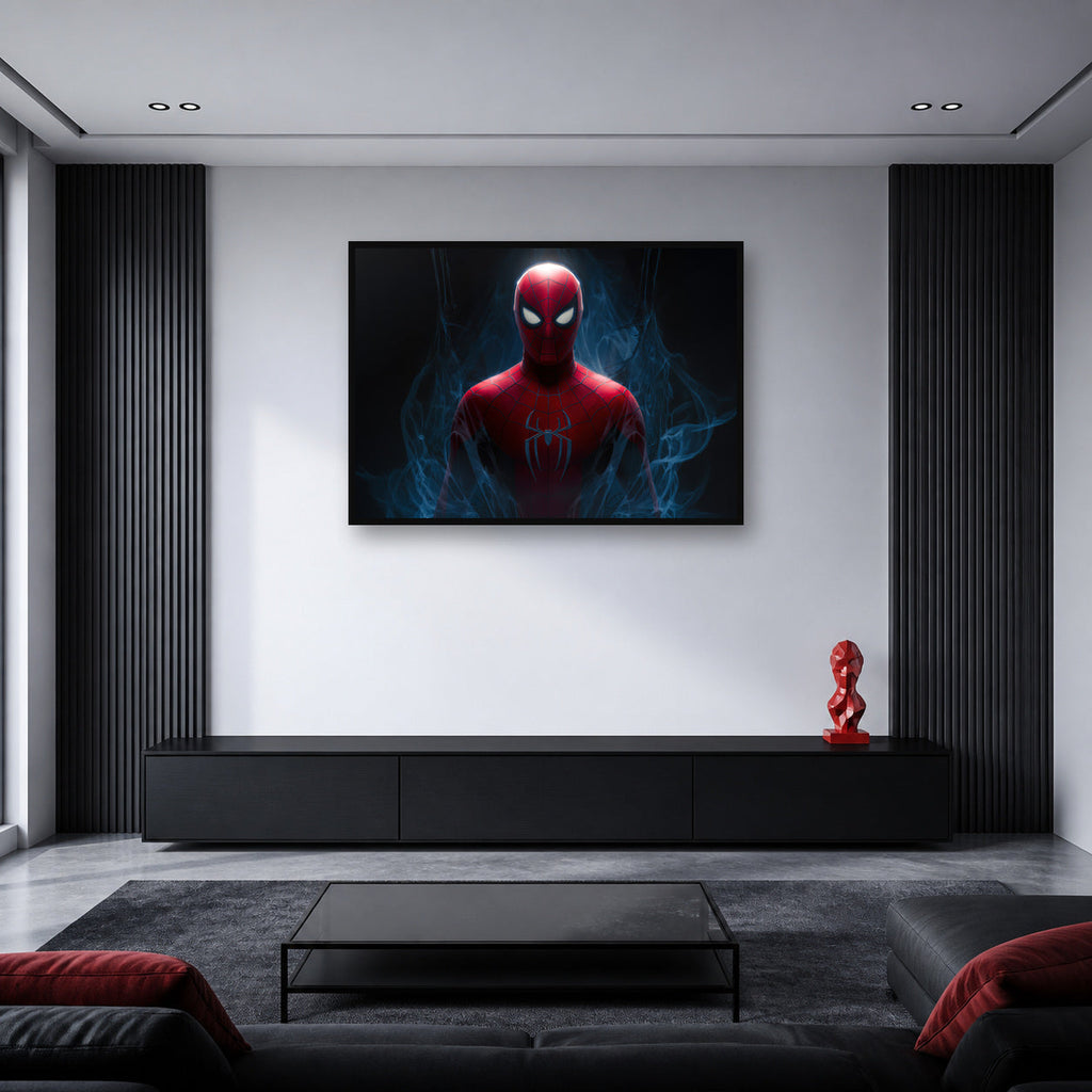 Spider-Man Blue Smoke Portrait Wall Art shown in an artwork-directed room