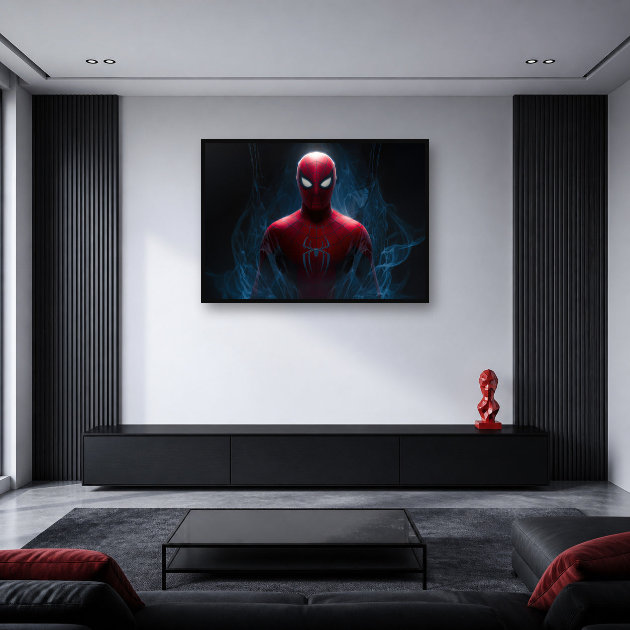 Spider-Man Blue Smoke Portrait Wall Art shown in an artwork-directed room