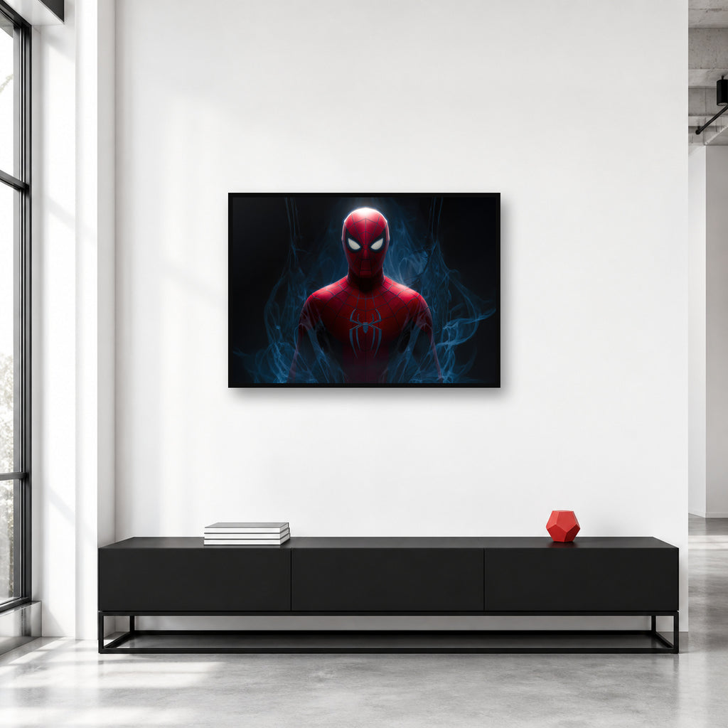 Spider-Man Blue Smoke Portrait Wall Art shown in a collector studio