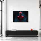 Spider-Man Blue Smoke Portrait Wall Art shown in a collector studio