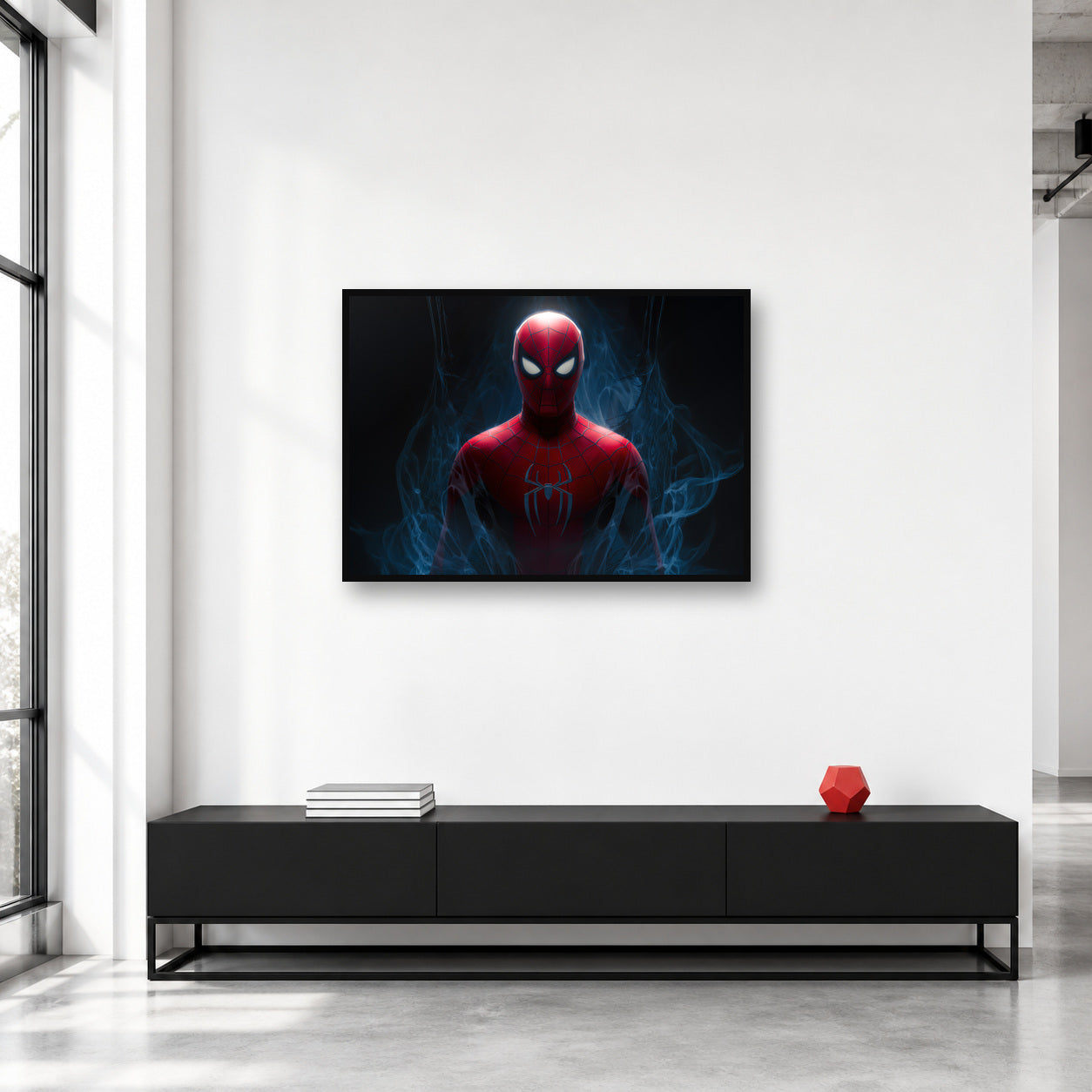 Spider-Man Blue Smoke Portrait Wall Art shown in a collector studio