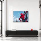Spider-Man City Wall Landscape Art shown in a collector studio