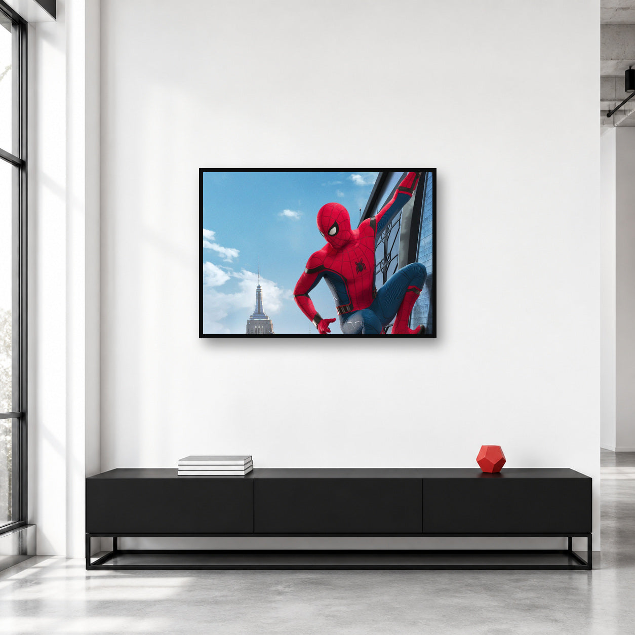 Spider-Man City Wall Landscape Art shown in a collector studio