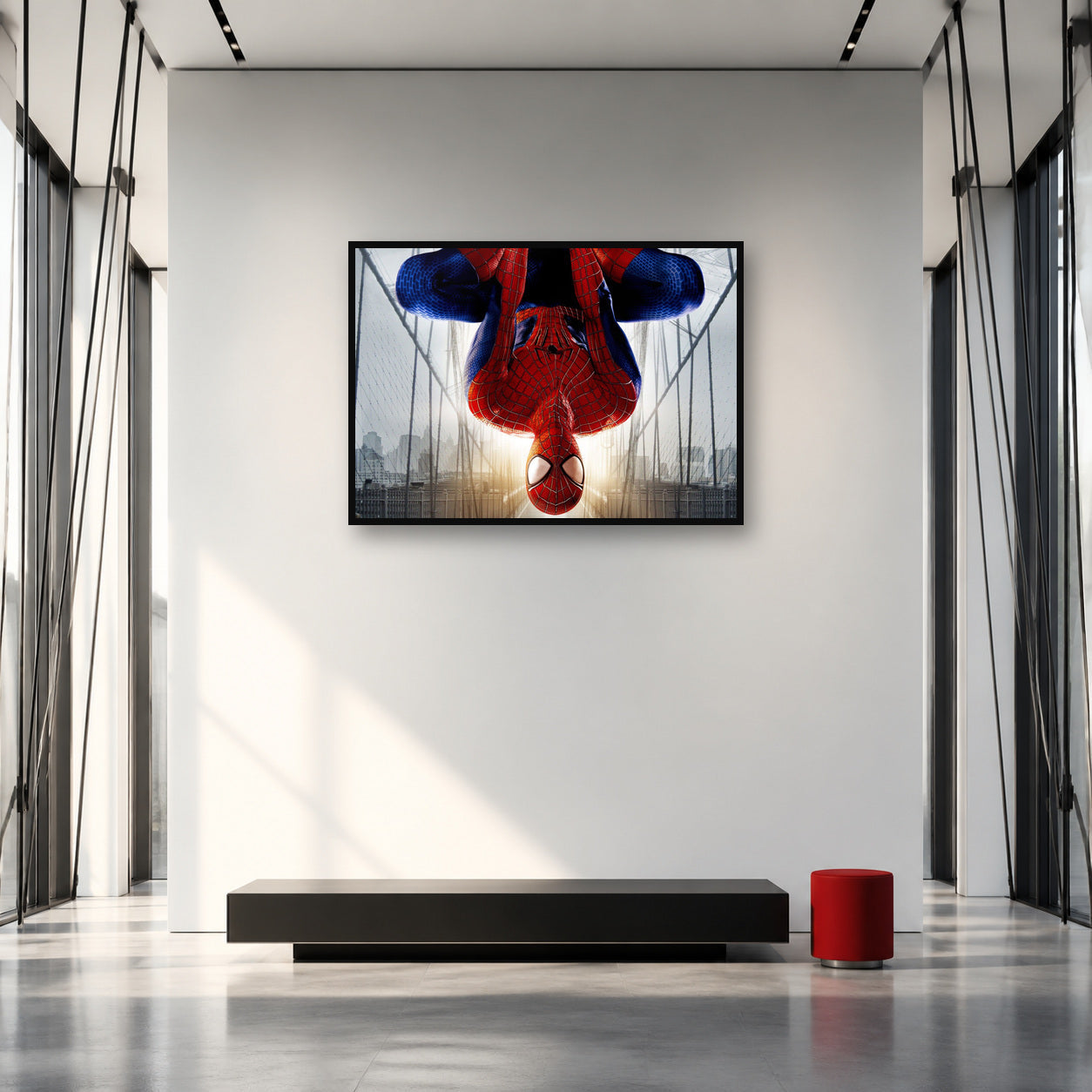 Spider-Man Upside Down Bridge Wall Art shown in an artwork-directed room