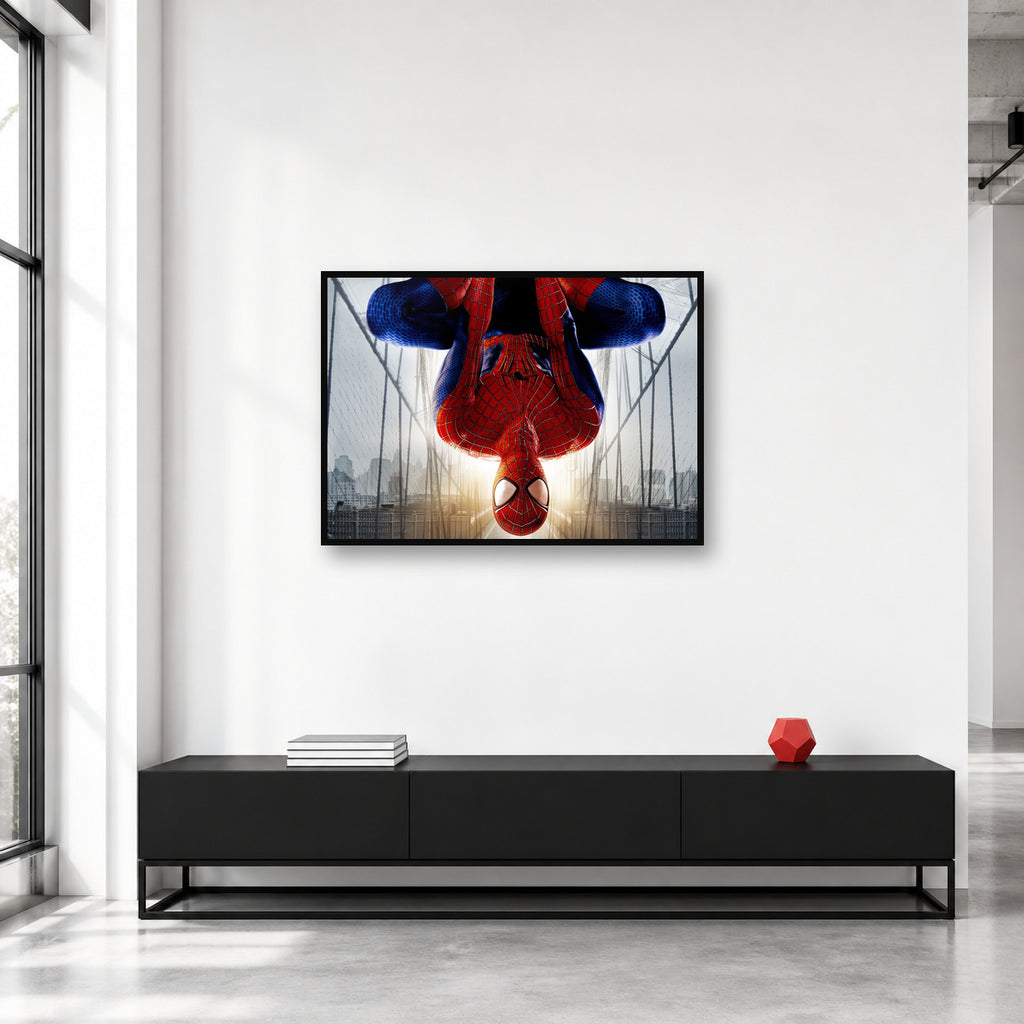 Spider-Man Upside Down Bridge Wall Art shown in a collector studio