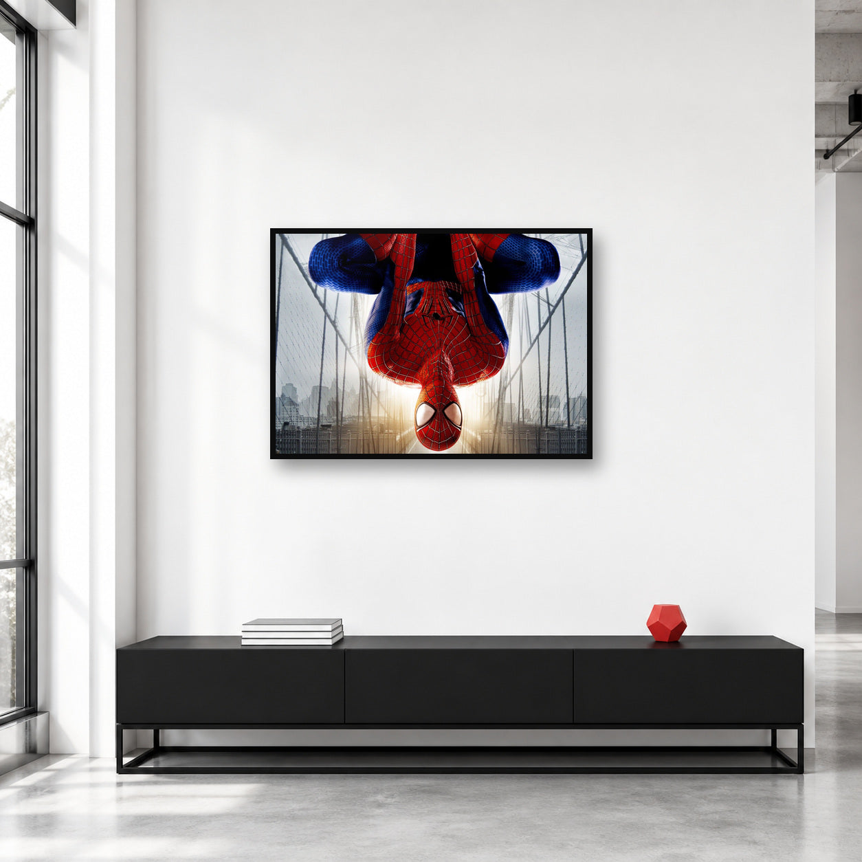 Spider-Man Upside Down Bridge Wall Art shown in a collector studio