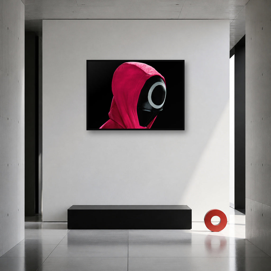 Squid Game Circle Guard Mask Wall Art shown in an artwork-directed room