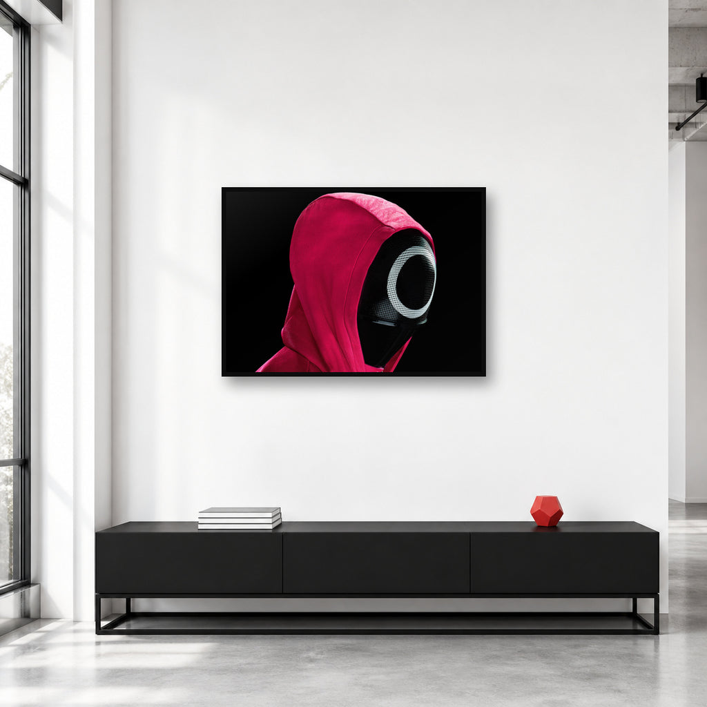 Squid Game Circle Guard Mask Wall Art shown in a collector studio