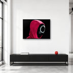 Squid Game Circle Guard Mask Wall Art shown in a collector studio