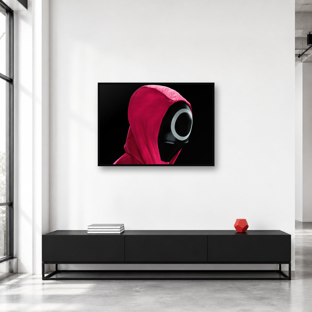 Squid Game Circle Guard Mask Wall Art shown in a collector studio