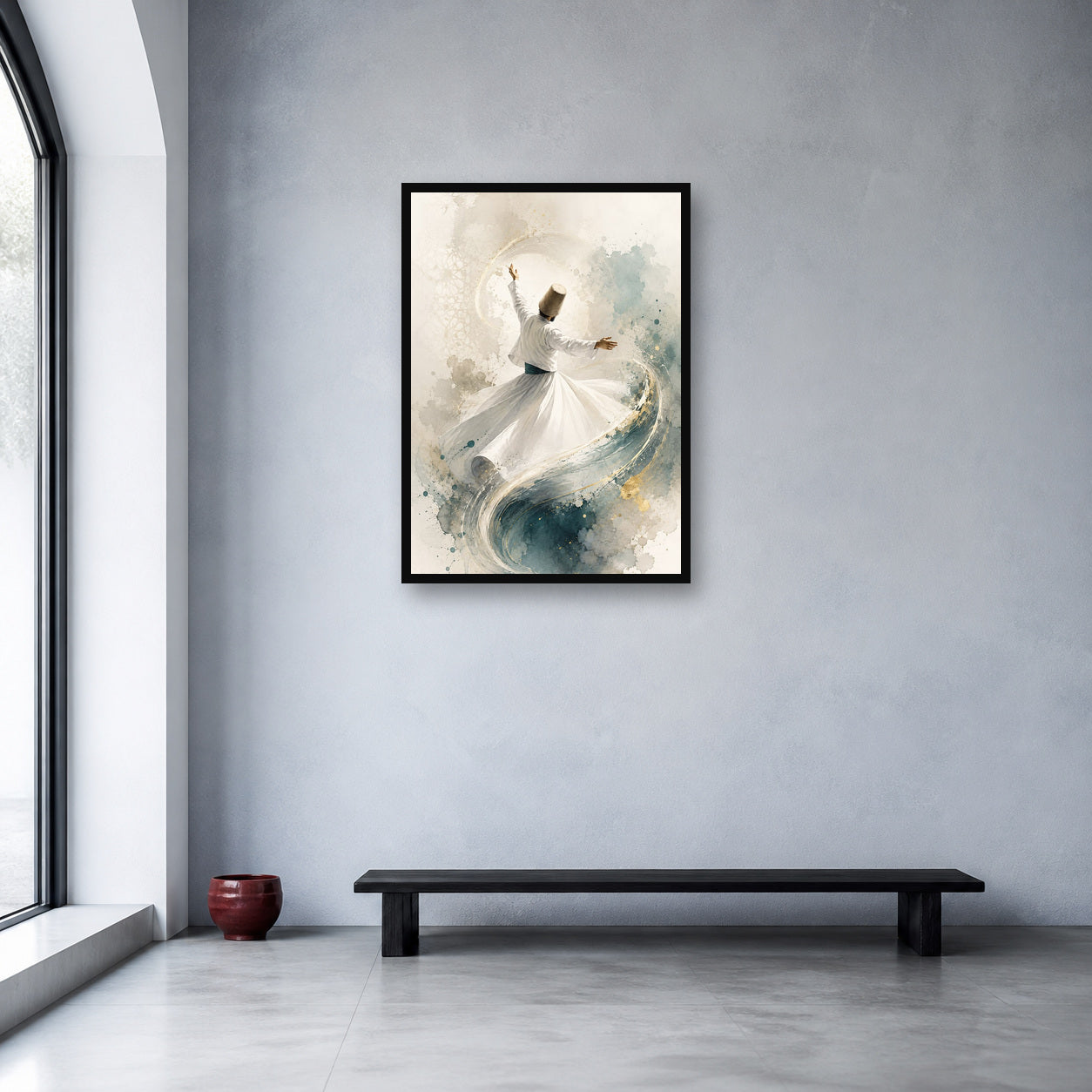 Whirling Dervish Blue Watercolor Wall Art shown in an artwork-directed room