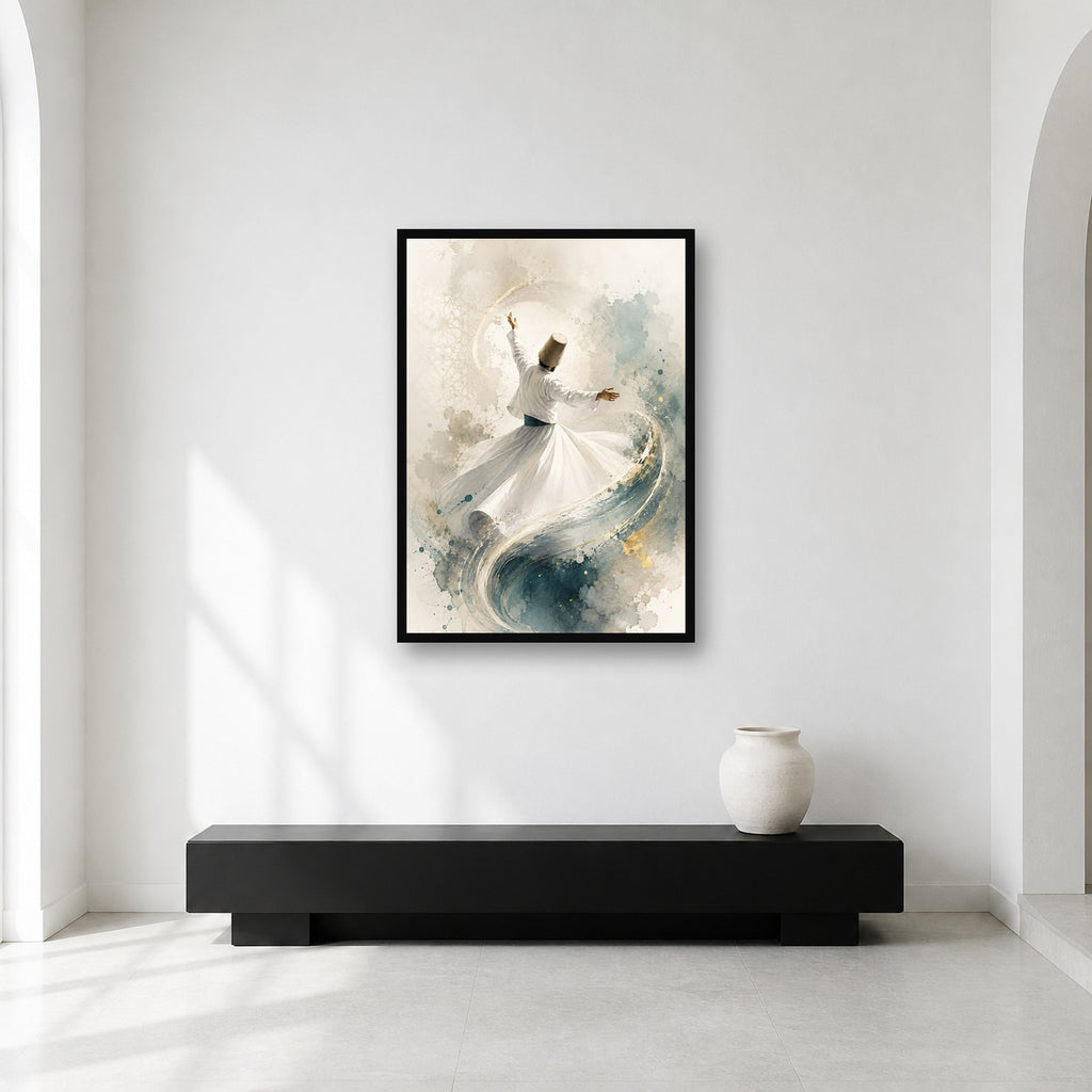Whirling Dervish Blue Watercolor Wall Art shown in a contemplative gallery