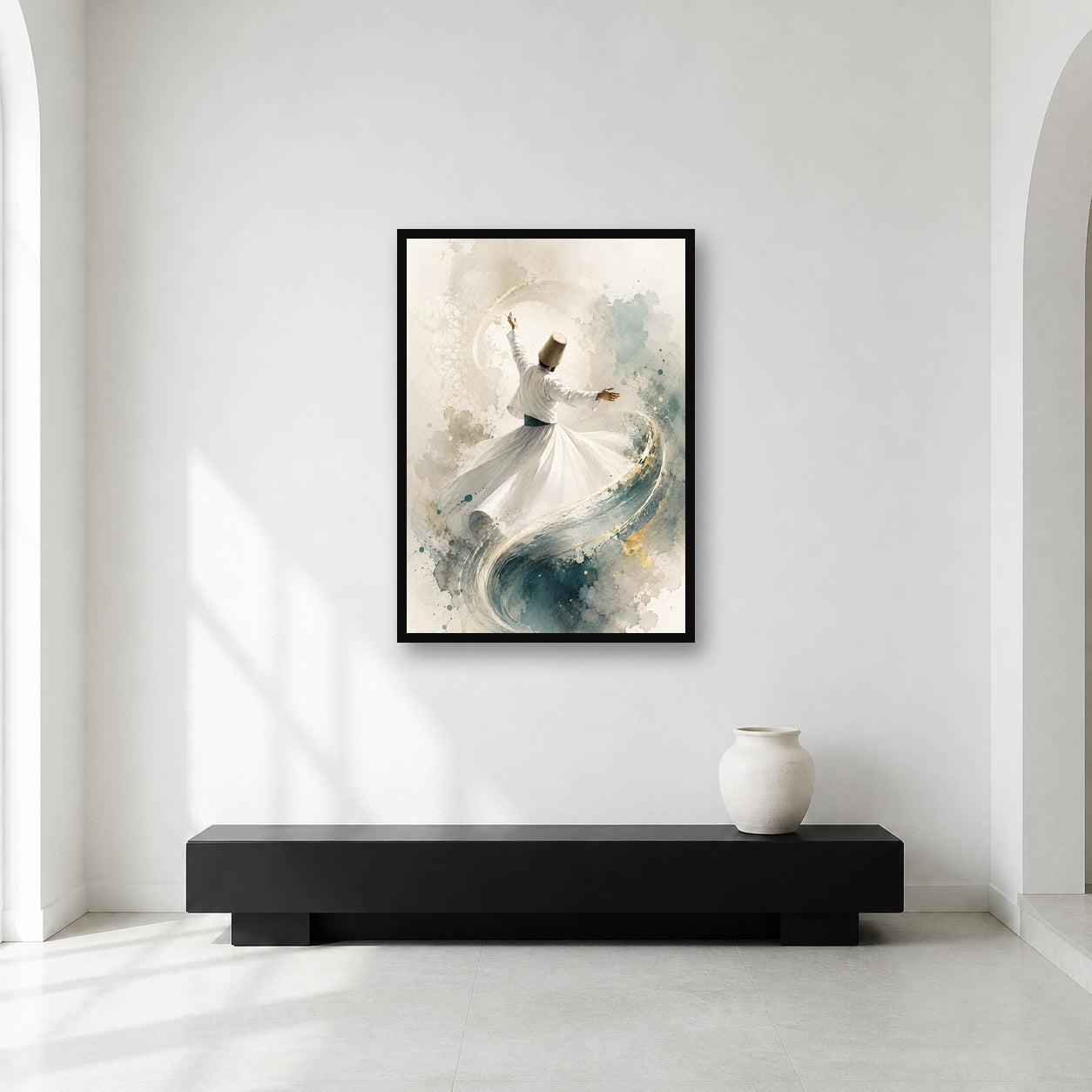 Whirling Dervish Blue Watercolor Wall Art shown in a contemplative gallery