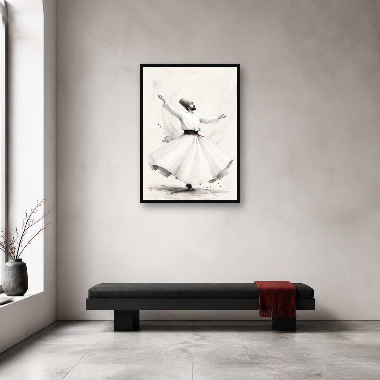 Whirling Dervish Minimal Ink Wall Art shown in an artwork-directed room