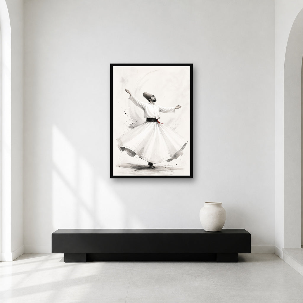 Whirling Dervish Minimal Ink Wall Art shown in a contemplative gallery