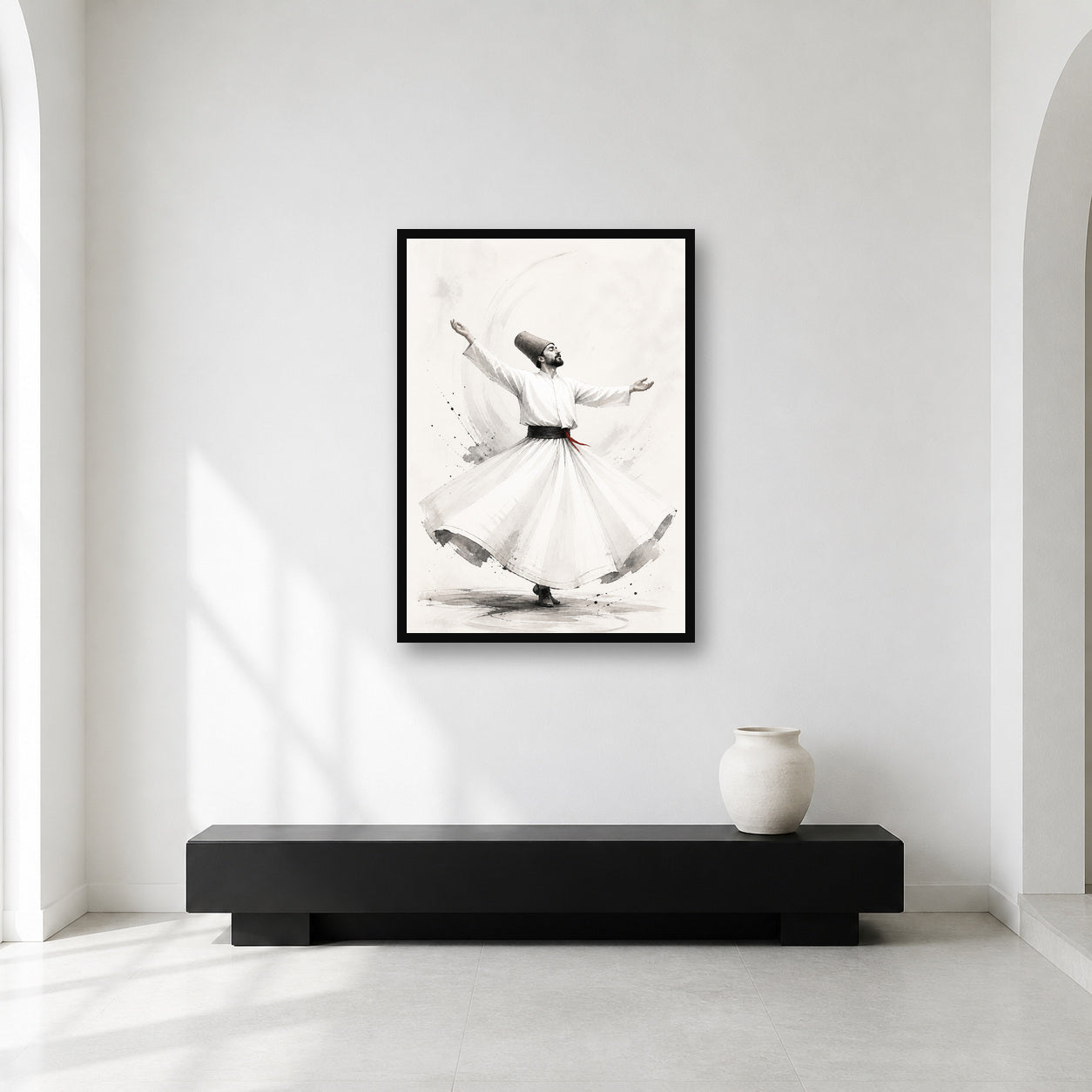Whirling Dervish Minimal Ink Wall Art shown in a contemplative gallery
