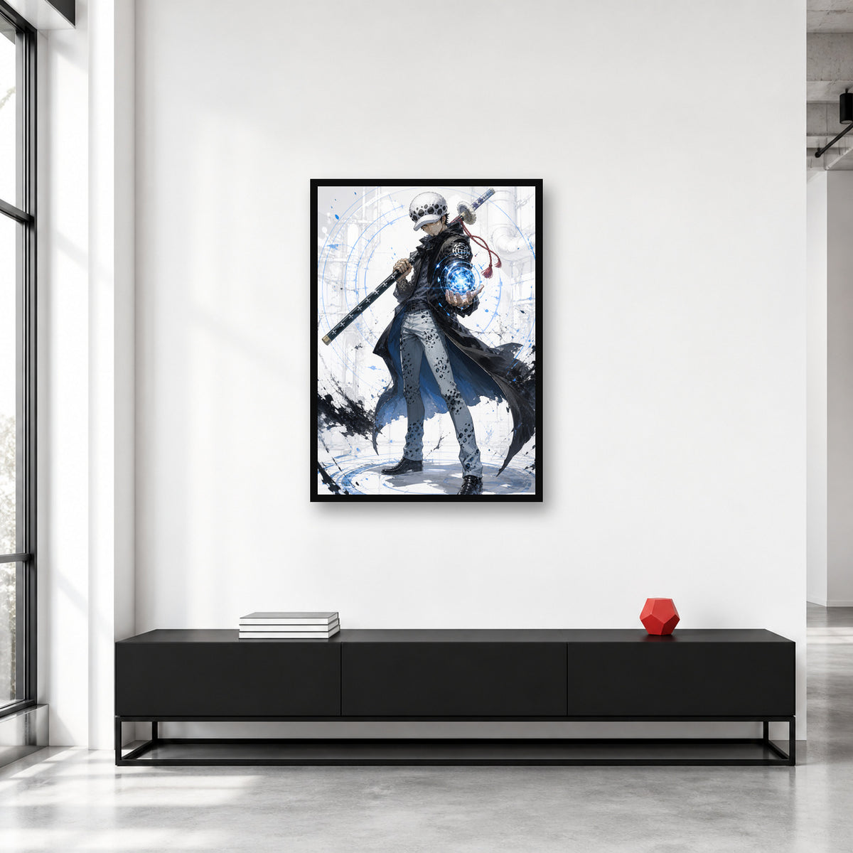Trafalgar Law One Piece wall art in a bright collector studio