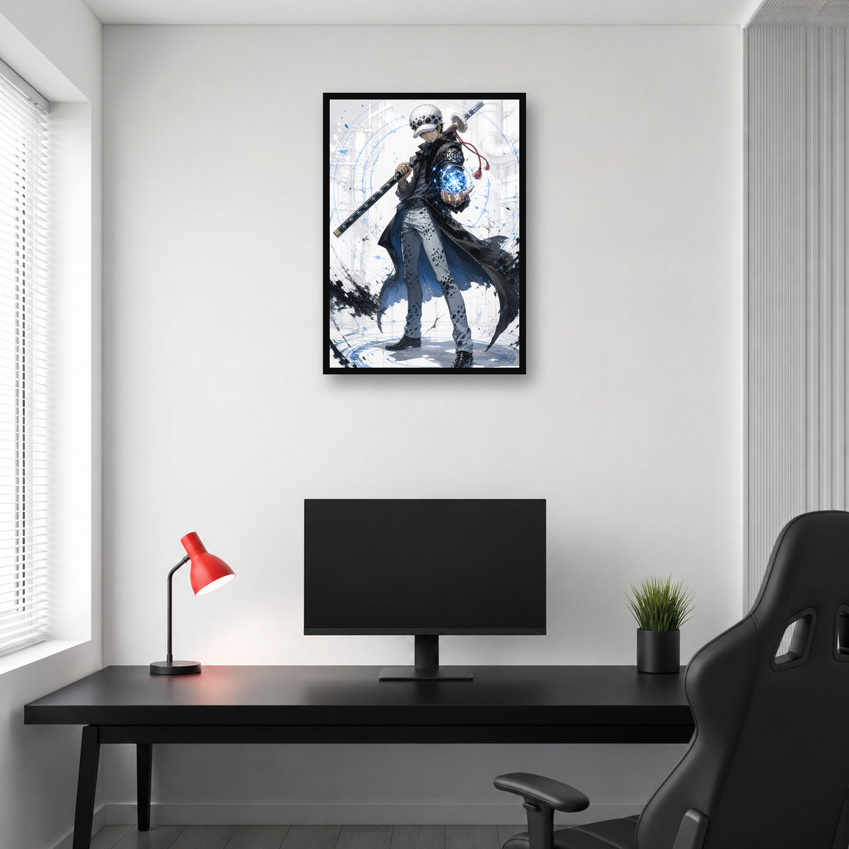 Trafalgar Law One Piece wall art in a bright gaming room